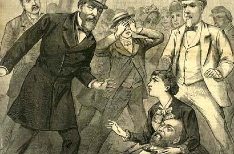 A contemporary engraving of the Garfield assassination (Source: Wikimedia Commons)