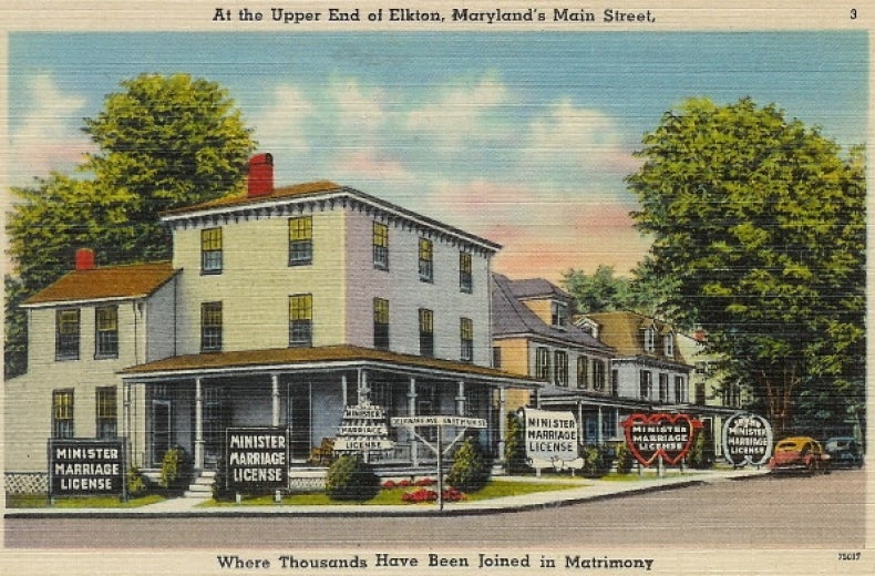 Postcard showing wedding chapel in Elkton, Maryland. (Source: Ad Astra blog by Charles Leck)