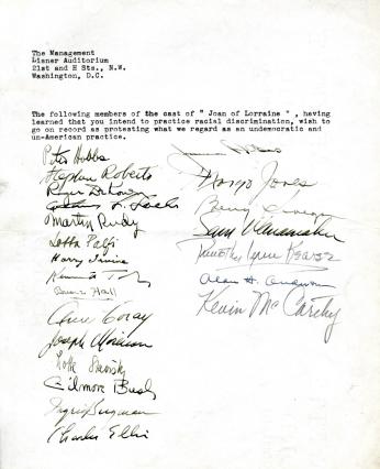 A typed and handwritten document. The petition is signed by such cast members as Ingrid Bergman and Kevin McCarthy.