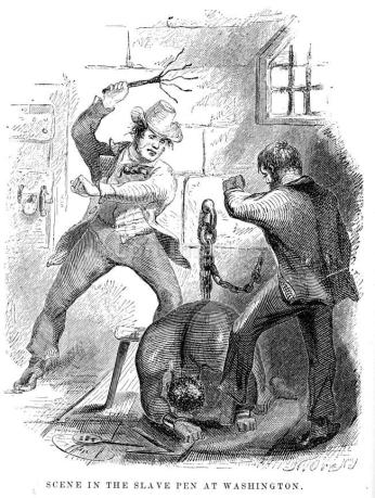 Scene in the slave pen at Washington. From the slave narrative of Solomon Northup, a free African American captured in Washington, DC, and enslaved for twelve years. Image date: ca. 1853.