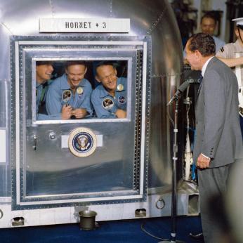 President Nixon - Welcome - Apollo XI Astronauts - USS Hornet” (Photo Credit: NASA/JSC) https://moon.nasa.gov/resources/195/president-nixon-welcome-apollo-xi-astronauts-uss-hornet/