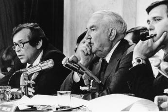 Senate Watergate Committee chairman Sam Ervin (center) and other committee members listen to testimony. (Photo source: WETA Archives)