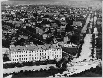 Handy, Levin C, photographer. SE view from dome of U.S. Capitol, showing Carroll Row present site of Library of Congress in left foreground. Washington D.C, ca. 1880. Photograph. <a href=
