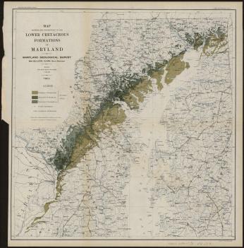 A 1911 geological map depicting the Arundel Formation. The clay-heavy sediment runs northeast from D.C. all the way past Baltimore.