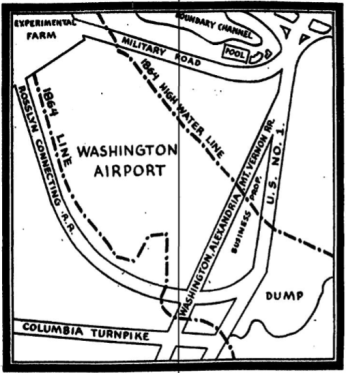 A map showing water lines, airport location, and important thoroughfares.