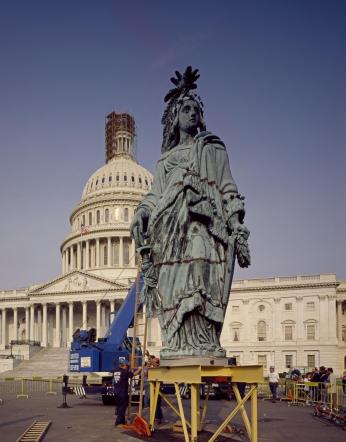 Close up of Statue of Freedom in 1993, when it was temporarily removed from the US Capitol for restoration. (Source: Library of Congress, Carol M. Highsmith Collection)