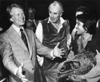 President Carter laughs with the cast of Man of La Mancha