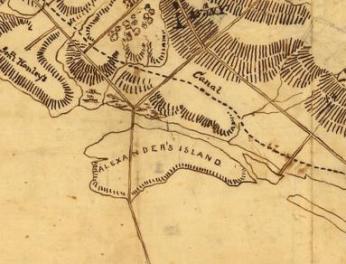 Civil war map showing narrow stream between Alexander’s Island and mainland.