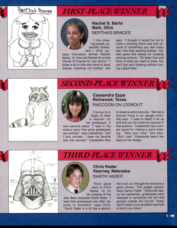 A page of National Geographic World with 3 drawings--one of a girl with braces, one of a racoon, and one of Darth Vader--accompanied by photos of each child artist and a blurb about them,