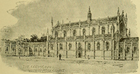 A model of the Gothic Hall and part of its courtyard (empty). It is modeled as if it were a cathedral, with tall windows and spires