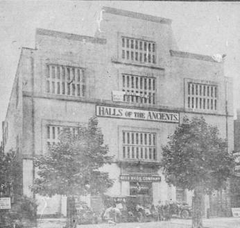 A newspaper image of the Hall of the Ancients in 1907, after it had been converted into a garage. The old entrance sign can still be seen over the facade.