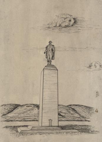 a design proposing to cap the half-built washington monument obelisk with a large statue of George Washington