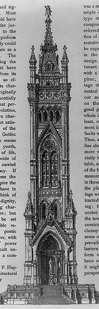 A design for the monument in the style of a richly ornamented Gothic tower, similar to a vertical cathedral.