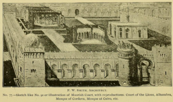 A model of the Moorish Court showing the Puerta del Sol, Alhambra Patio, and mosques from Cairo and Cordoba