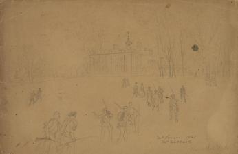 A pencil sketch showing the mansion in the background with soldiers in winter uniforms and carrying their kits wandering the grounds