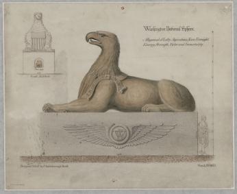 A drawing of a sphinx with an eagle's head, holding a shield with stars and stripes between its paws