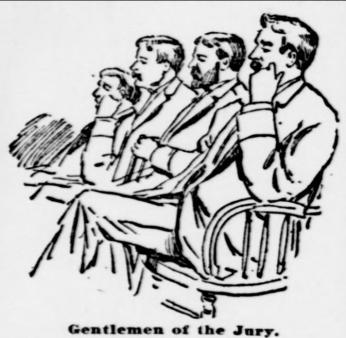 A newspaper sketch of the jury showing four men sitting in chairs attentively