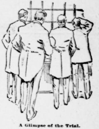 Newspaper sketch: A group of men crowd around a courtroom window to view the proceedings