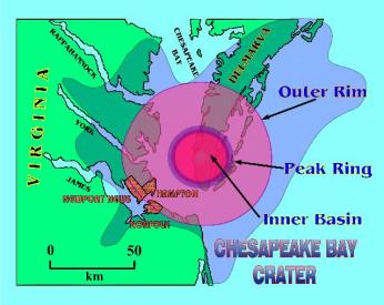 Map of Chesapeake Bay with red circles around Cape Charles, tip of Calvert Peninsula, showing site of asteroid impact.