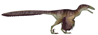 3D model of brown feathered bird-like dinosaur.