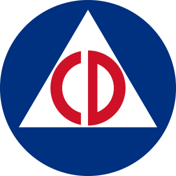 Blue circle logo with big red letters "CD" in white triangle in center. 