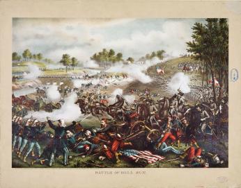 Colored illustration of Union and Confederate soldiers firing muskets at each other on a battlefield.