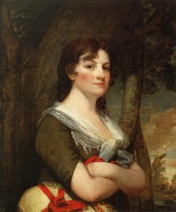 Portrait of Eliza Parke Custis Law with arms crossed, holding a sunhat [Source: Mount Vernon]