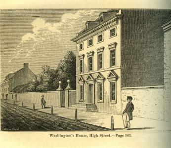 Drawing of a large house on a street in colonial Philadelphia