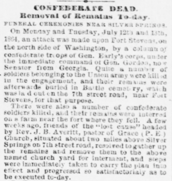 Screenshot of December 11, 1874 Evening Star article "Confederate Dead Removal of Remains Today"