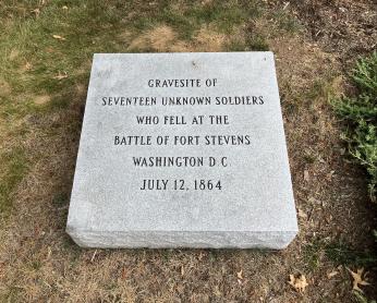 Marker on grounds of Grace Episcopal Church showing site where 17 Confederate soldiers were buried after the Battle of Fort Stevens. (Source: Ethan Ehrenhaft)