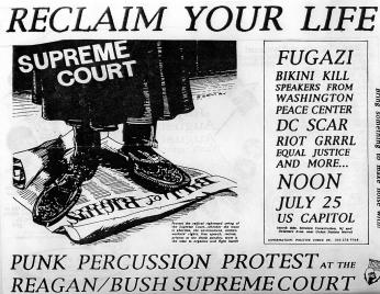 An advertisement for a punk concert showing someone labelled "Supreme Court" stepping on the Bill of Rights. Text across the top of the ad says "RECLAIM YOUR LIFE"