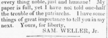 Sam Weller sign-off that Smallwood used when writing for the Tocsin of Liberty. Source: Digital Commonwealth Massachusetts Online Collection 