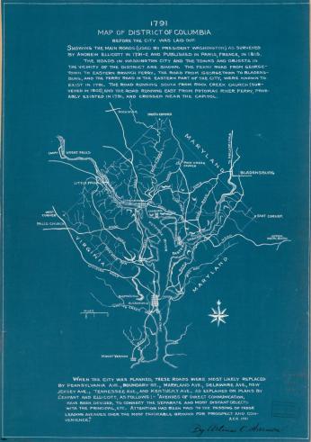 A map of the District of Columbia drawn in white on a blue background. 