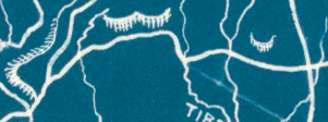 A close-up of a road drawn in white on a blue background. 