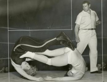 Mildred Burke and Celia Blevins wrestling in Turner's Arena