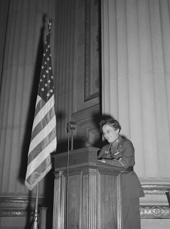 Washington, D.C. International youth assembly. The delegate from Russia, Liudmila Pavlichenko, is addressing the convention