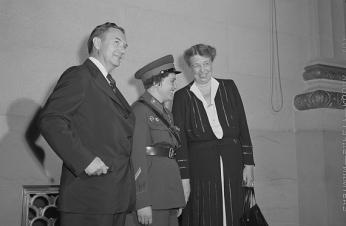 Russian delegate with Mrs. Roosevelt and Justice Robert Jackson is Liudmila Pavlichenko