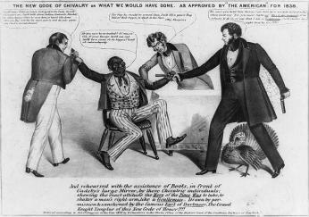 James Watson Webb is depicted in a satirical cartoon planning to injure an African American minstrel in the place of Rep. Jonathan Cilley. The minstrel is held in place by each arm by Webb's friends as Webb points a gun in the minstrel's face.