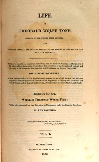 Yellowed title page from The Life of Theobarld Wolfe Tone published in 1826.