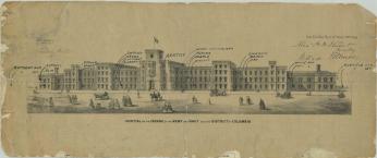 Labeled drawing of St. Elizabeths from the front. Source: National Archives