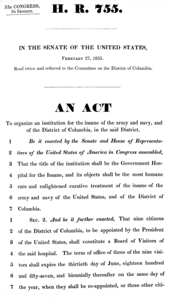 The first page of the Act passed by Congress providing for the construction of a hospital for the insane. Source: Congress.gov