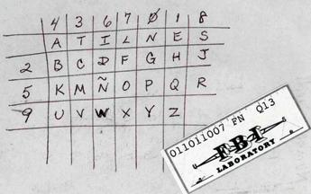 Table chart with numbers on top and left side and numbers in between with FBI Laboratory sticker and ID number. 