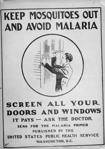 US Public Health Service Poster reading "Keep Mosquitos Out and Avoid Malaria. Screen All Your Doors and Windows"