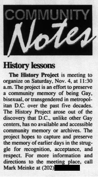 Clipping from November 3, 2000 Washington Blade announcing launch of The History Project to document LGBTQ history in Washington, D.C.
