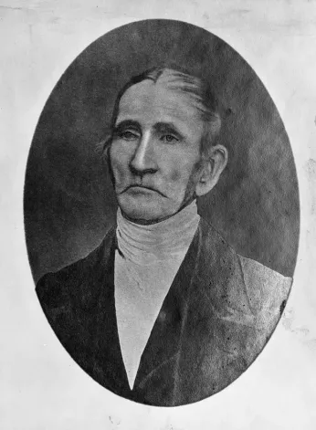 A black and white image of Stephen Pleasonton on paper. He is wearing a black jacket with a white shirt and high collar.
