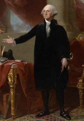 Painting of George Washington in a black suit and white collar with his hand outstretched. Behind him is a ornate gold table and chair with red cloth, and large red curtains on marble pillars.