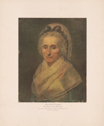 Portrait of an old woman dressed in a simple blue dress and white translucent shawl and white bonnet. The woman is looking forward with a slight smile.