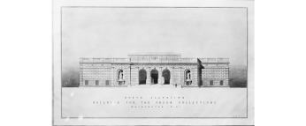 Pencil sketch of a stone building with three arches in the middle. 