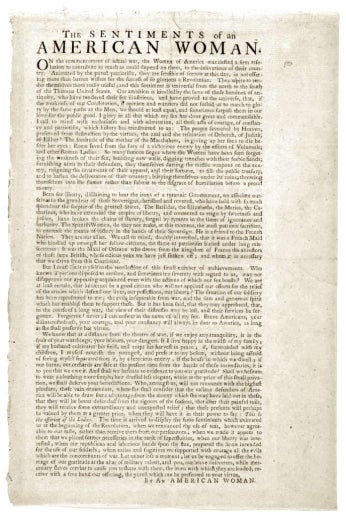 A historical document titled "The Sentiments of an American Woman," featuring dense printed text on aged paper.