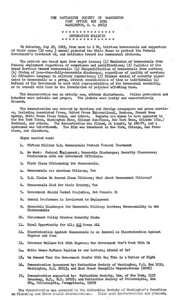 Scan of document with instructions for white house picket by the Mattachine Society of Washington 